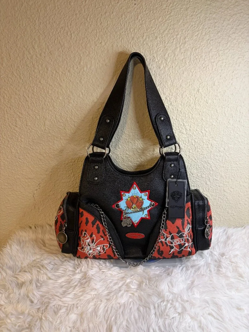 Ed Hardy Love Heart Tattoo Leopard Shoulder Satchel Purse Bag Black Red NWT
